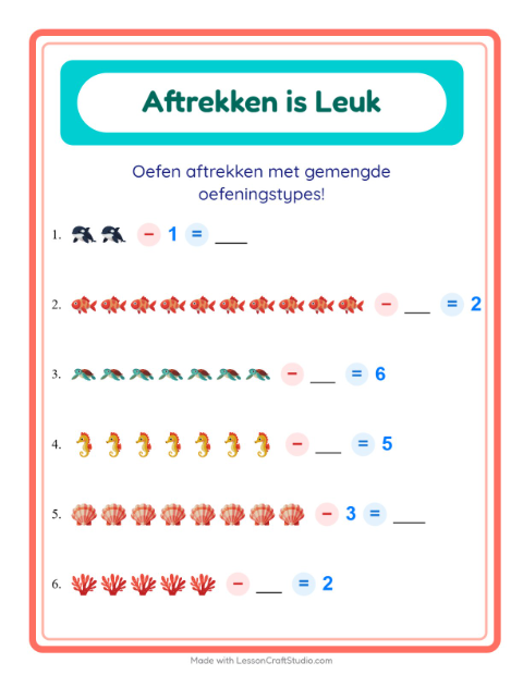 Voorbeeld van het Aftrekken-werkblad met Oceaanleven voor kleuterklas