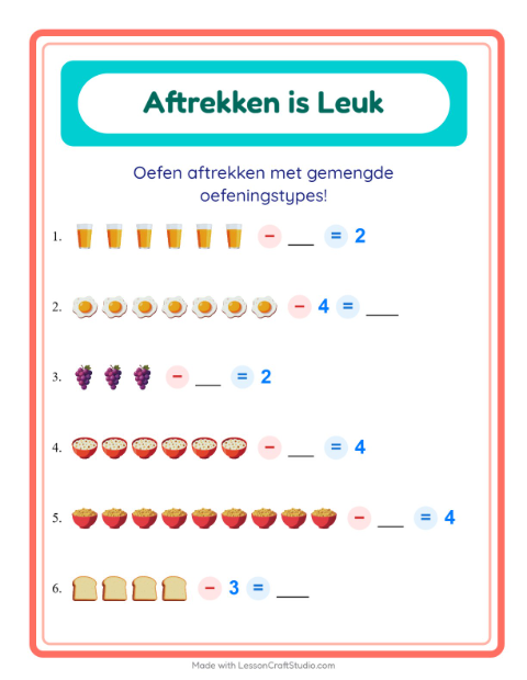 Voorbeeld van het Aftrekken-werkblad met Ontbijt voor kleuterklas