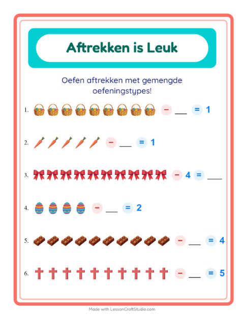 Voorbeeld van het Aftrekken-werkblad met Pasen voor kleuterklas