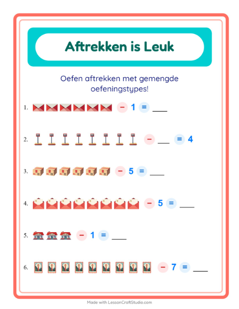 Voorbeeld van het Aftrekken-werkblad met Postkantoor voor kleuterklas