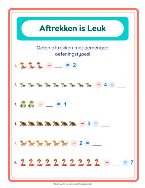 Voorbeeld van het Aftrekken-werkblad met Reptielen en amfibieën voor kleuterklas