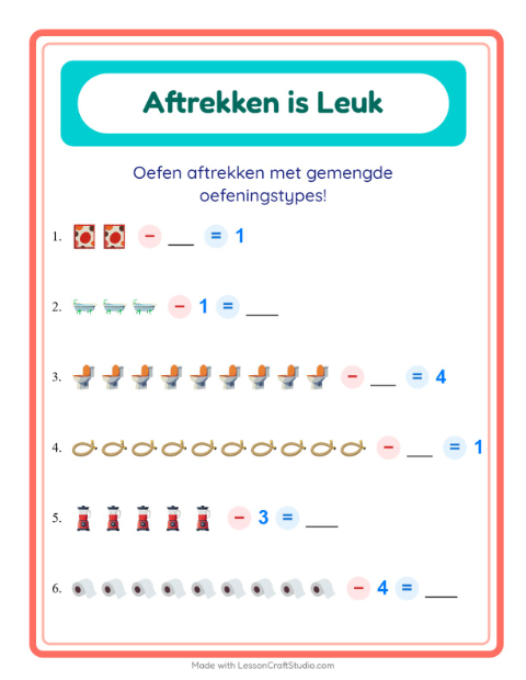Voorbeeld van het Aftrekken-werkblad met Rond het huis voor kleuterklas