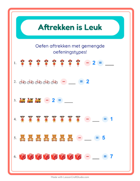 Voorbeeld van Aftrekken tot 10 met speelgoedjes – werkblad voor groep 3