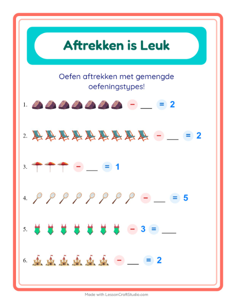 Voorbeeld van het Aftrekken-werkblad met Strand voor kleuterklas