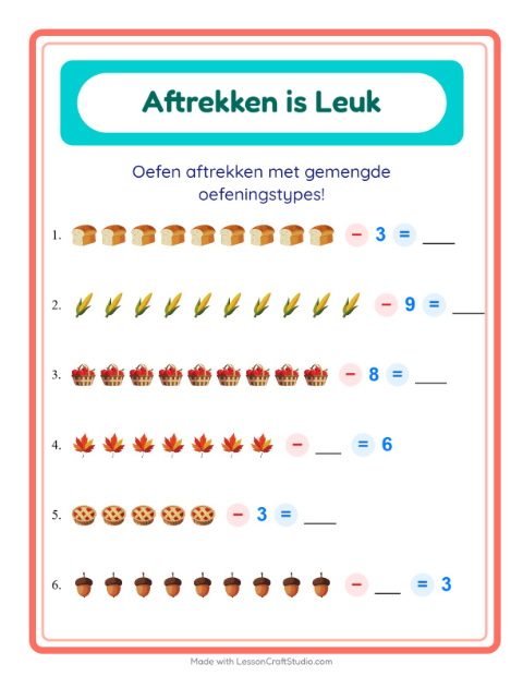 Voorbeeld van het Aftrekken-werkblad met Thanksgiving voor kleuterklas