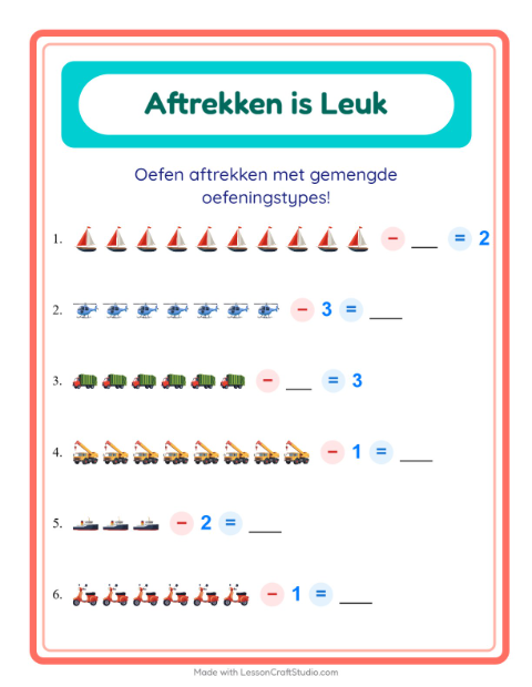 Voorbeeld van het Aftrekken-werkblad met Voertuigen voor kleuterklas
