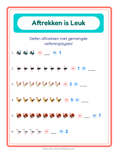 Voorbeeld van het Aftrekken-werkblad met Vogels 2 voor kleuterklas