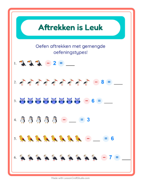 Voorbeeld van het Aftrekken-werkblad met Vogels voor kleuterklas