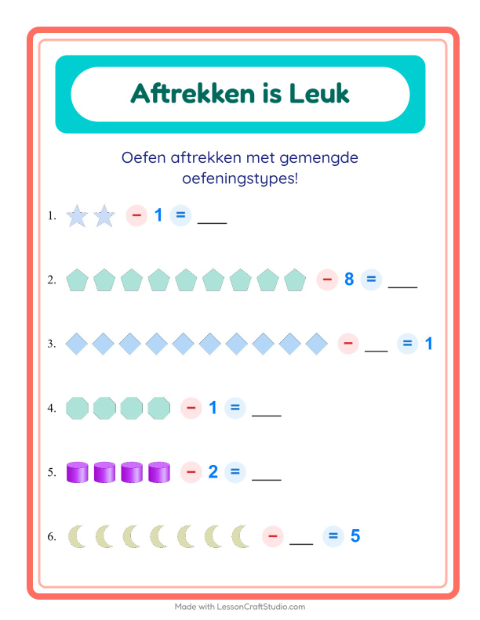 Voorbeeld van het Aftrekken-werkblad met Vormen voor kleuterklas