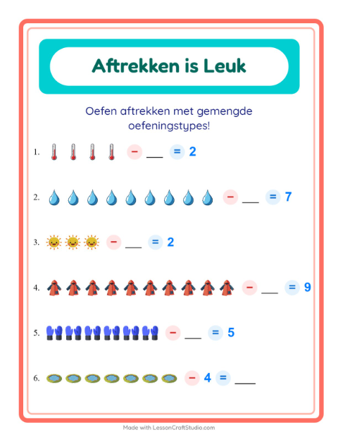 Voorbeeld van het Aftrekken-werkblad met Weer voor kleuterklas