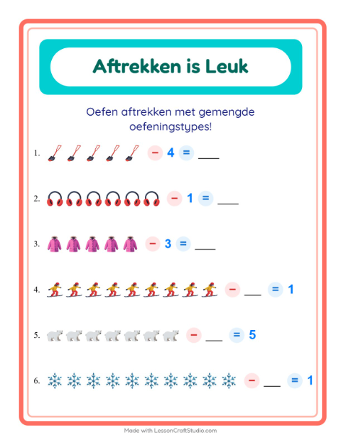 Voorbeeld van het Aftrekken-werkblad met Winter voor kleuterklas