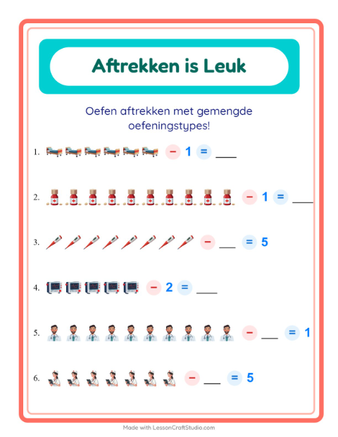 Voorbeeld van het Aftrekken-werkblad met Ziekenhuis voor kleuterklas