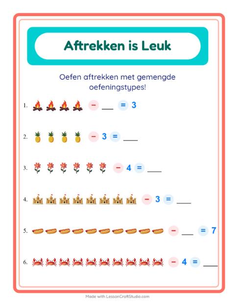 Voorbeeld van het Aftrekken-werkblad met Zomer voor kleuterklas