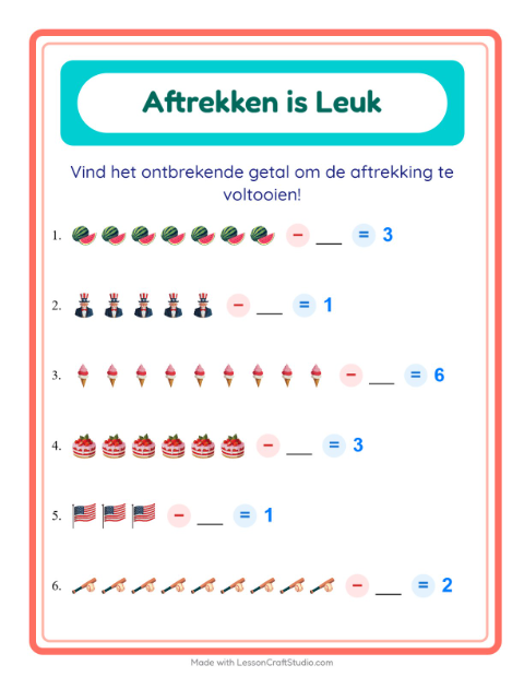 Voorbeeld van het Aftrekken-werkblad met 4 juli voor kleuterklas