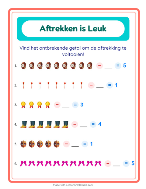Voorbeeld van het Aftrekken-werkblad met Accessoires voor kleuterklas