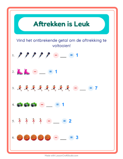Voorbeeld van het Aftrekken-werkblad met Activiteiten voor kleuterklas