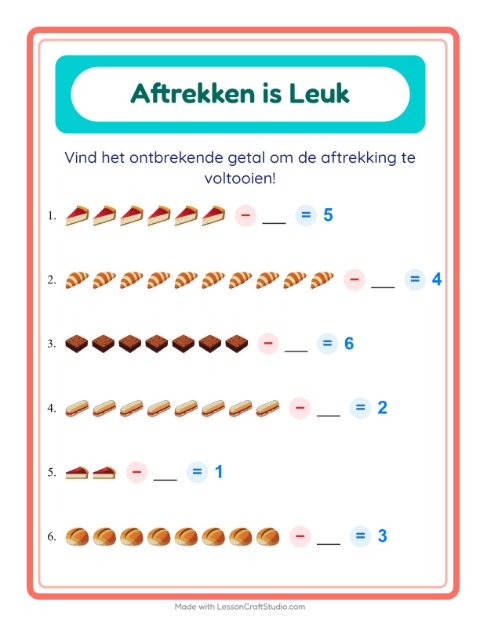 Voorbeeld van het Aftrekken-werkblad met Bakkerij voor kleuterklas