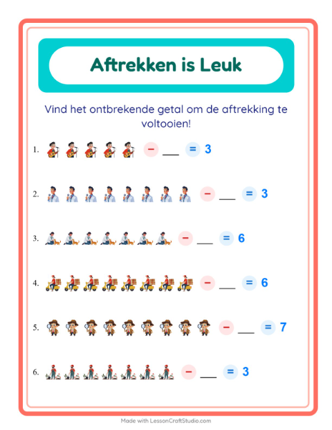 Voorbeeld van het Aftrekken-werkblad met Beroepen voor kleuterklas