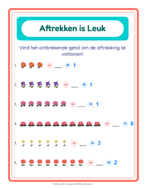Voorbeeld van het Aftrekken-werkblad met Bloemen voor kleuterklas