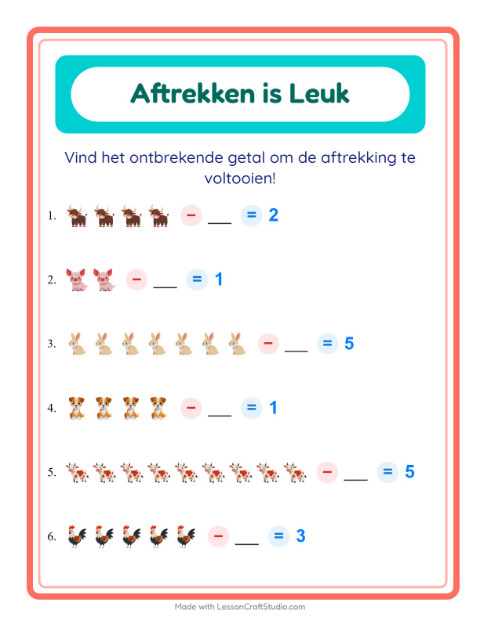 Voorbeeld van het Aftrekken-werkblad met Boerderijdieren voor kleuterklas