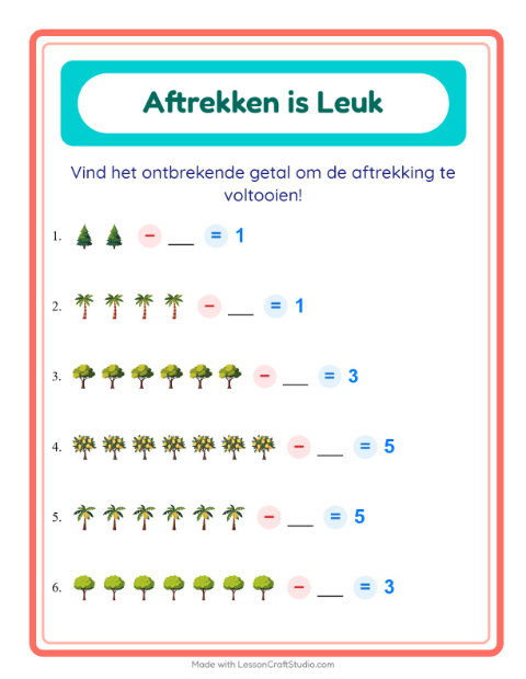 Voorbeeld van het Aftrekken-werkblad met Bomen voor kleuterklas