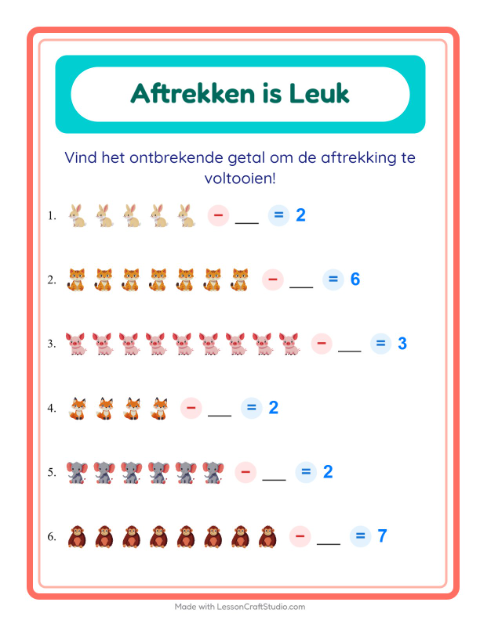 Aftrekken tot 10 – Dieren