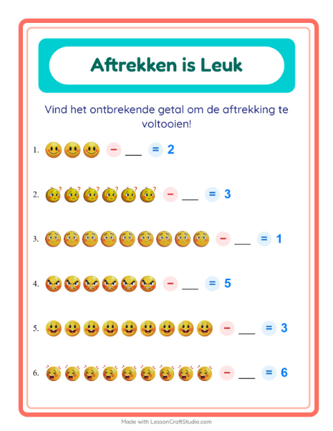 Voorbeeld van het Aftrekken-werkblad met Emoties voor kleuterklas