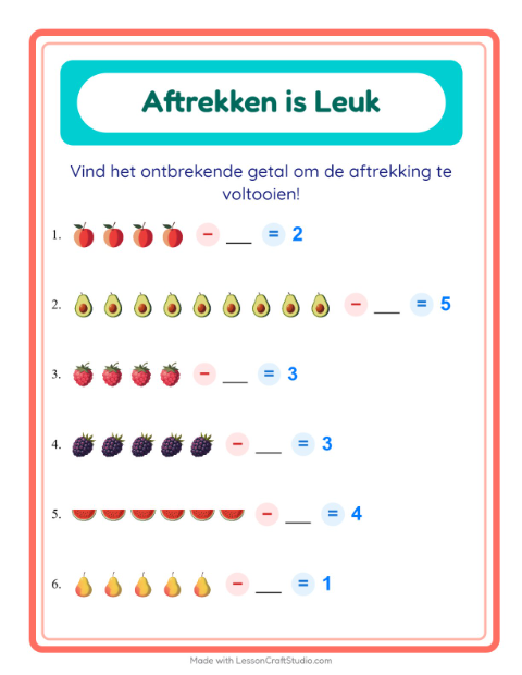 Voorbeeld van het Aftrekken-werkblad met Fruit voor kleuterklas