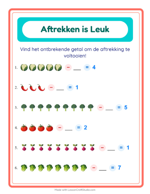 Voorbeeld van het Aftrekken-werkblad met Groenten voor kleuterklas