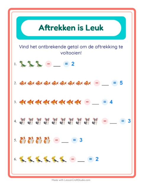 Voorbeeld van het Aftrekken-werkblad met Huisdieren voor kleuterklas