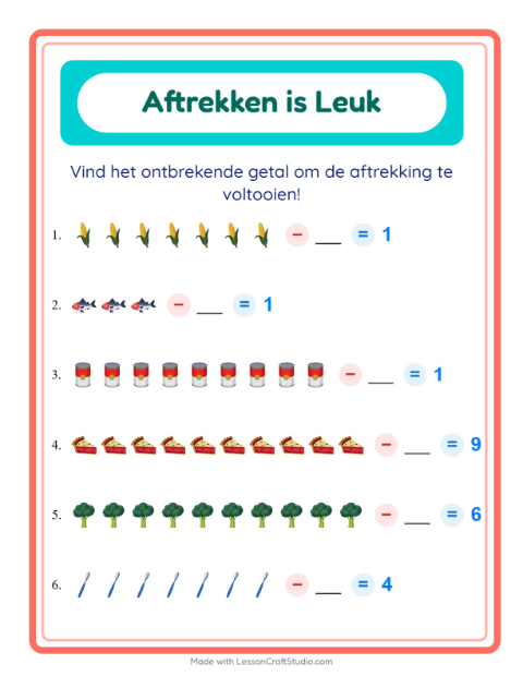Voorbeeld van het Aftrekken-werkblad met In de supermarkt voor kleuterklas