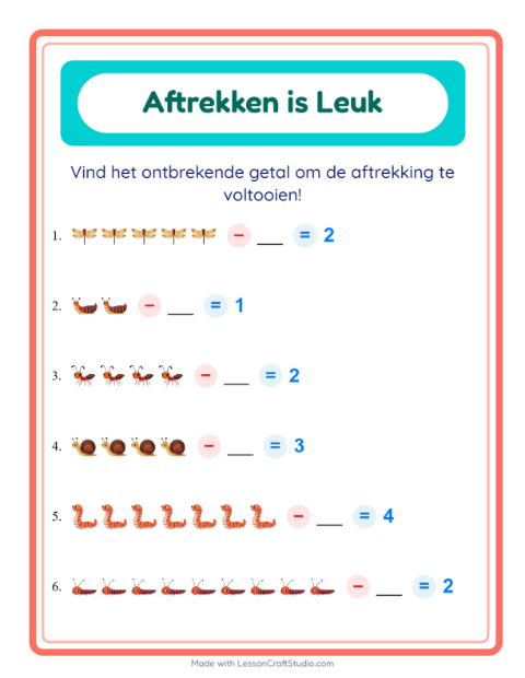 Aftrekken tot 10 – Insecten en beestjes