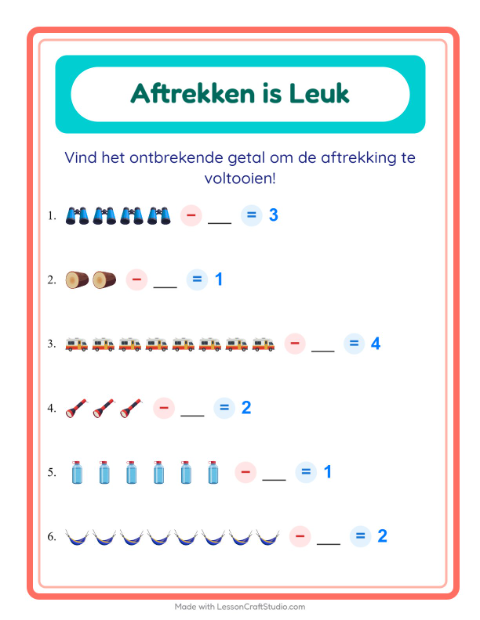 Voorbeeld van het Aftrekken-werkblad met Kamperen voor kleuterklas