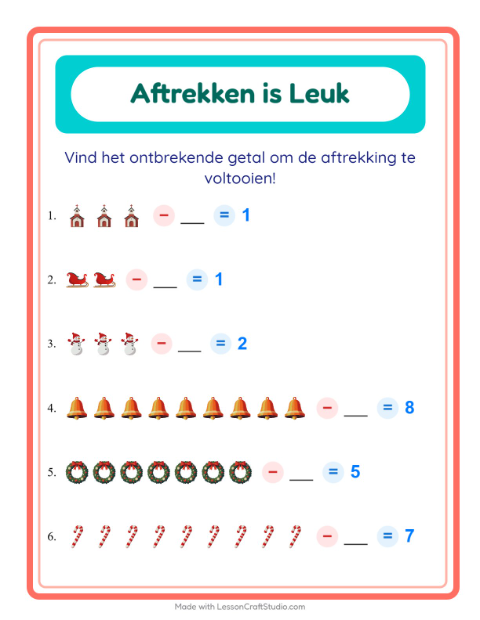 Voorbeeld van het Aftrekken-werkblad met Kerstmis voor kleuterklas