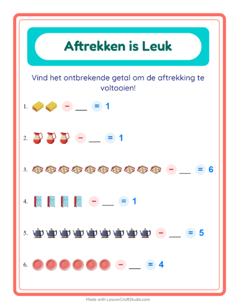 Voorbeeld van het Aftrekken-werkblad met Keukengerei voor kleuterklas