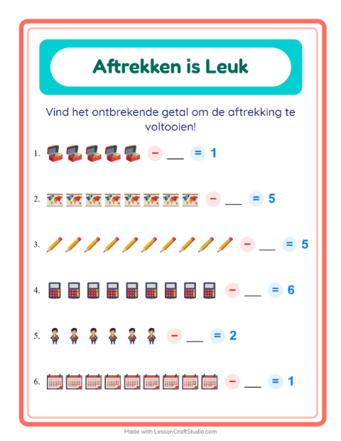 Voorbeeld van het Aftrekken-werkblad met Klaslokaal voor kleuterklas