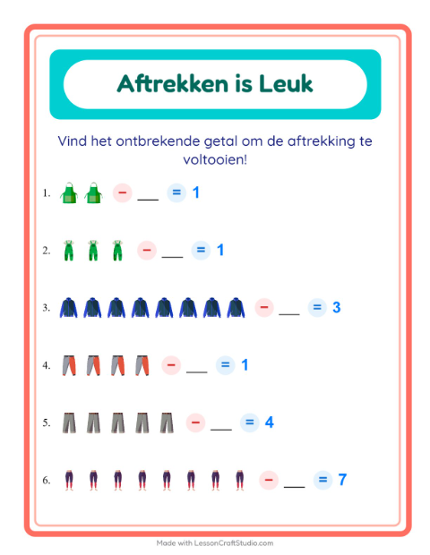 Voorbeeld van het Aftrekken-werkblad met Kleding voor kleuterklas
