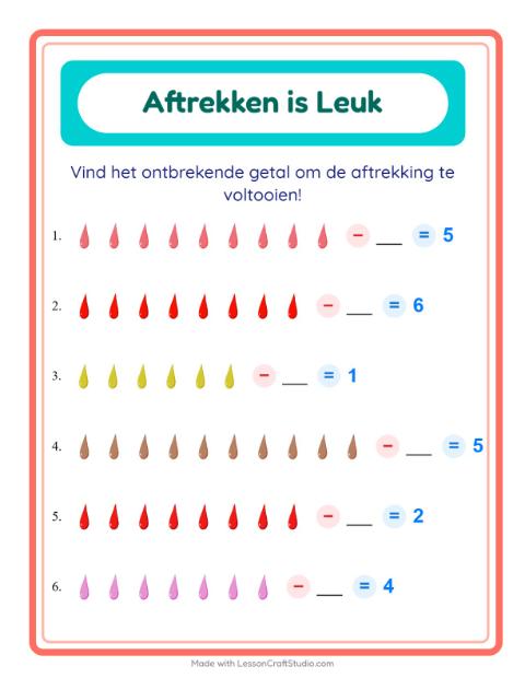 Voorbeeld van het Aftrekken-werkblad met Kleuren voor kleuterklas