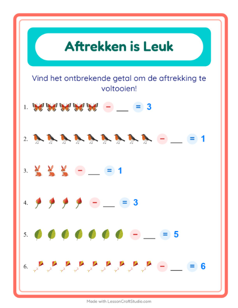 Voorbeeld van het Aftrekken-werkblad met Lente voor kleuterklas