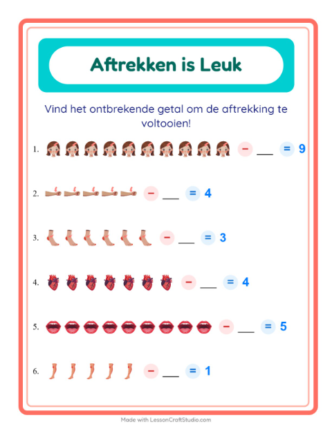 Voorbeeld van het Aftrekken-werkblad met Lichaamsdelen voor kleuterklas