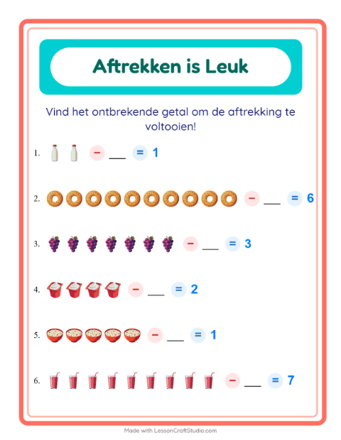 Voorbeeld van het Aftrekken-werkblad met Ontbijt voor kleuterklas