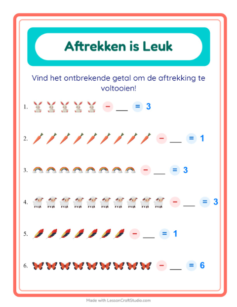 Voorbeeld van het Aftrekken-werkblad met Pasen voor kleuterklas