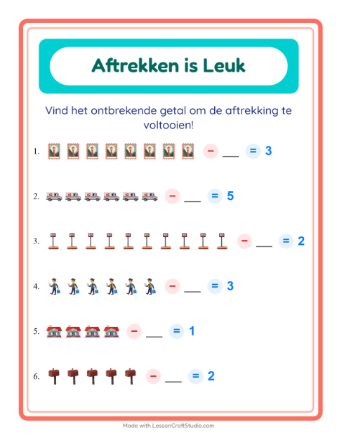Voorbeeld van het Aftrekken-werkblad met Postkantoor voor kleuterklas