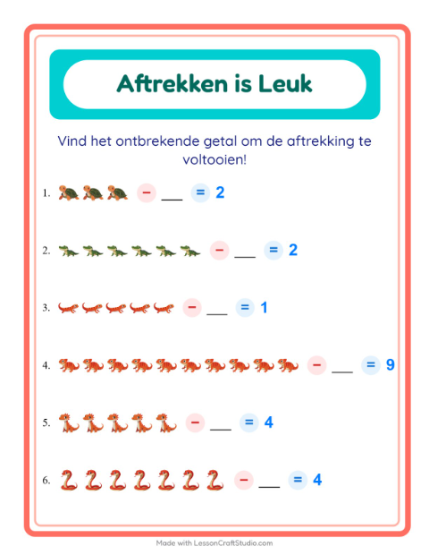 Voorbeeld van het Aftrekken-werkblad met Reptielen en amfibieën voor kleuterklas