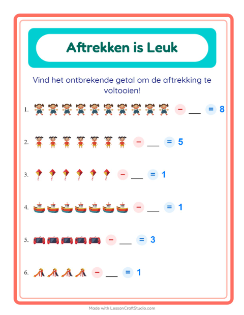 Voorbeeld van Aftrekken met ontbrekend getal tot 10 met speelgoedjes – werkblad voor groep 3