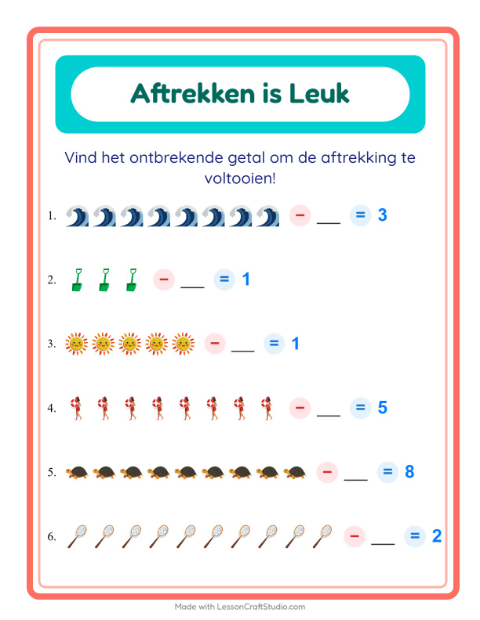 Voorbeeld van het Aftrekken-werkblad met Strand voor kleuterklas