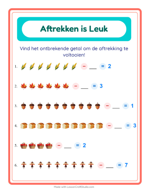 Voorbeeld van het Aftrekken-werkblad met Thanksgiving voor kleuterklas