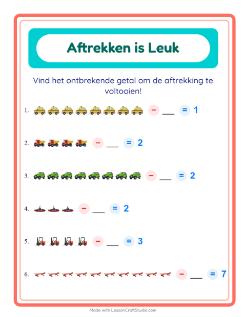 Voorbeeld van het Aftrekken-werkblad met Voertuigen voor kleuterklas