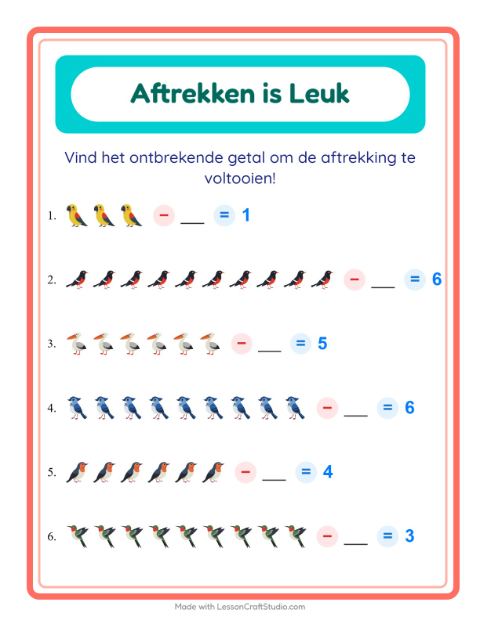Voorbeeld van het Aftrekken-werkblad met Vogels 2 voor kleuterklas