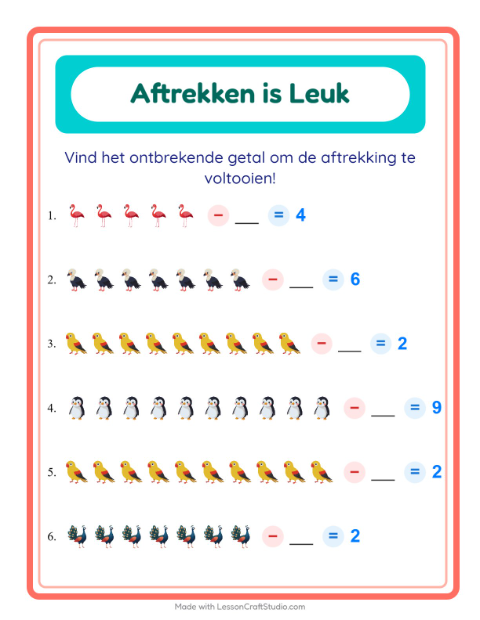 Voorbeeld van het Aftrekken-werkblad met Vogels voor kleuterklas